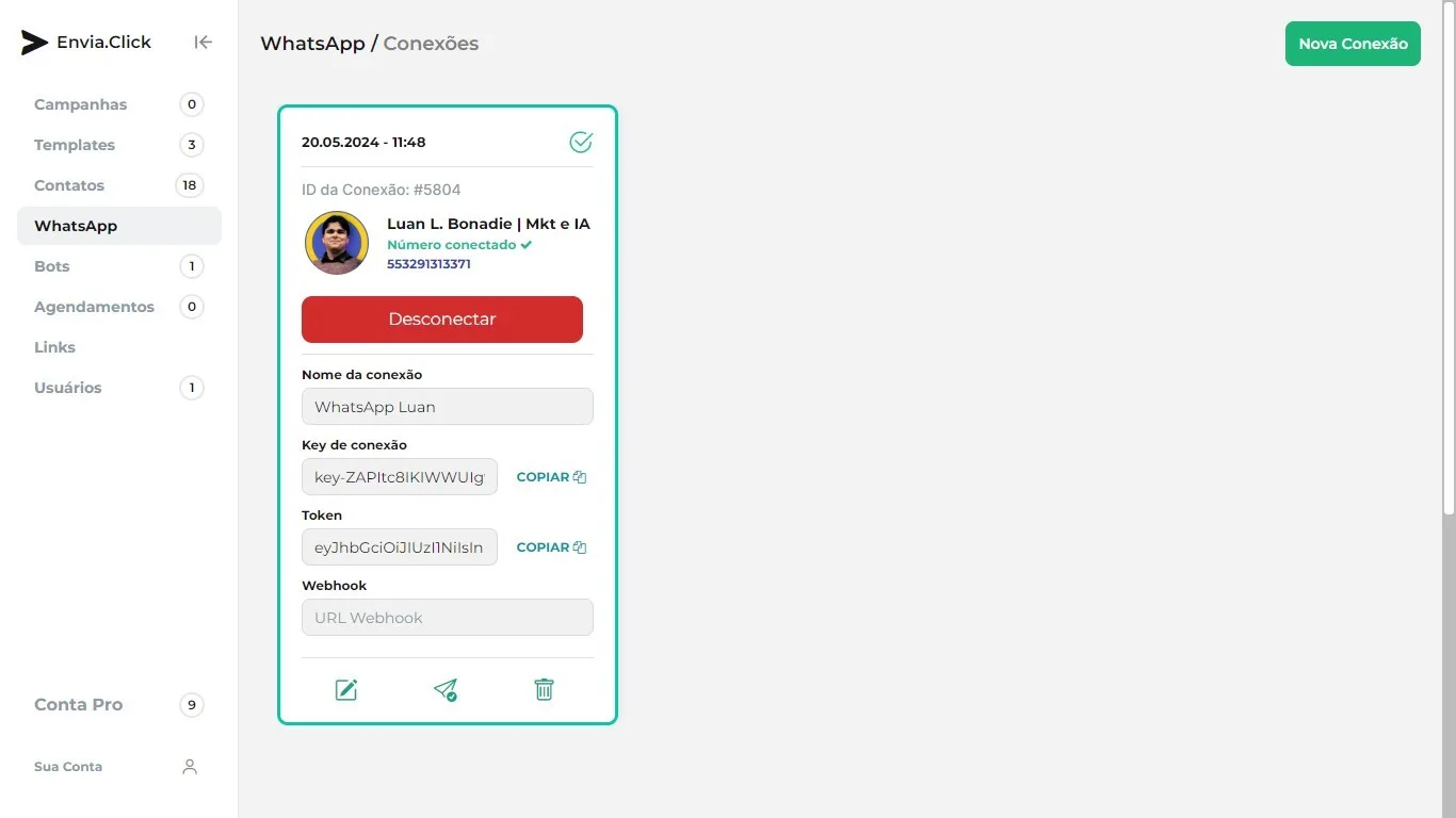 Cadastro de WhatsApp e contatos no Envia.Click