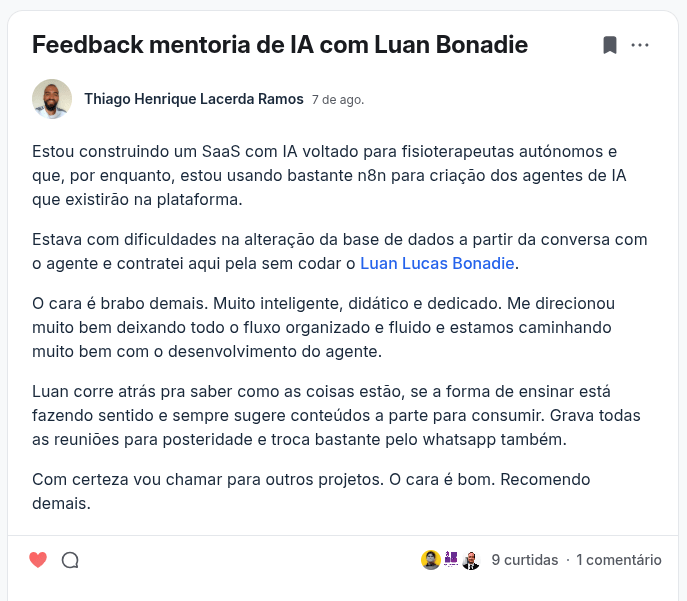 Print de depoimento de mentorado da mentoria em automações e n8n com Luan Bonadie
