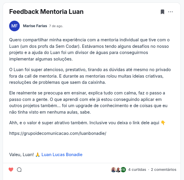 Print de depoimento de mentorado da mentoria em automações e n8n com Luan Bonadie