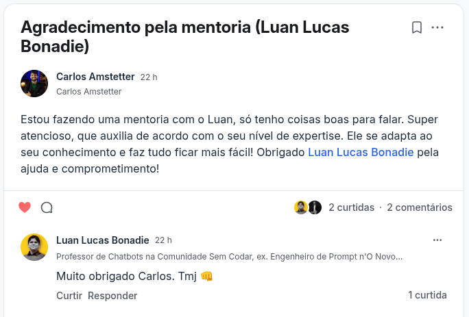Print de depoimento de mentorado sobre a mentoria em IA, n8n e automações