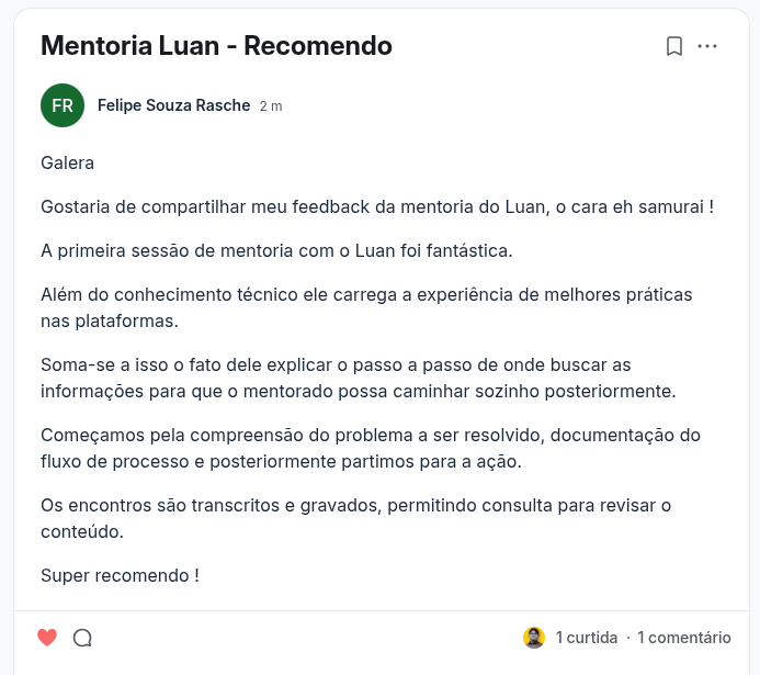 Print de depoimento de mentorado sobre a mentoria em IA, n8n e automações
